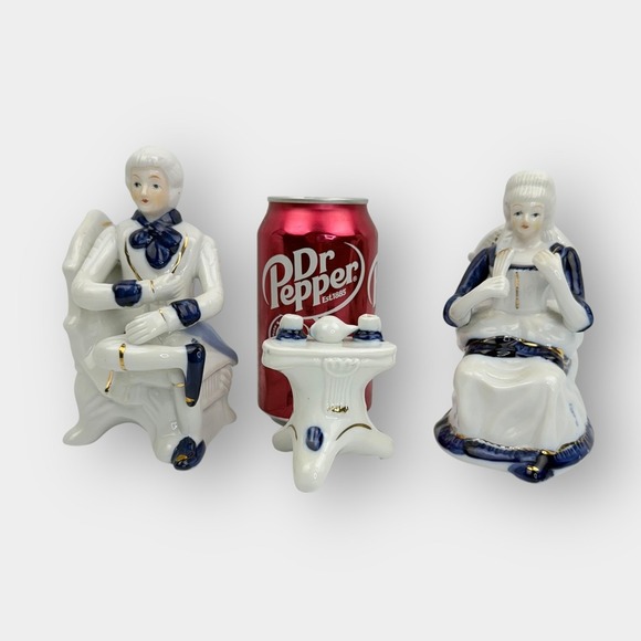 Vintage Porcelain Seated Couple Figurines with Table Blue White Gold Trim - Picture 2 of 16